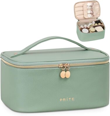 Велика косметичка для жінок, дорожня косметичка з водонепроникної шкіри, портативний косметичний мішечок або сумочка для макіяжу з ручкою та знімним роздільником (зелена)