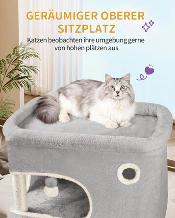 Когтеточка для котів Hzuaneri XXL (203 см) з великою платформою, 2 печери, 7 стовпчиків, помпонами, лежаками та гамаком. Підходить для всіх порід котів. MS20318YL (Світло-сірий)