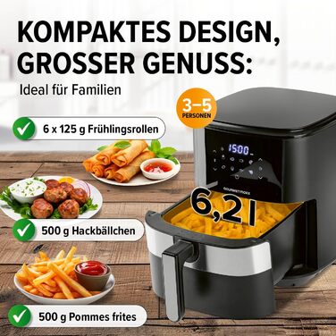 Фритюрниця повітряна GOURMETmaxx XL 6.2 л з цифровим дисплеєм та таймером | 8 програм, 1500 Вт | Без запаху, низький вміст жиру, економія енергії