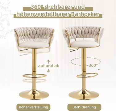 Avorio Velvet Bar Stools 2-Pack - Adjustable Height, Swivel with Footrest, Armrests & Backrest - Ergonomic Counter Stools for Kitchen Island, Bar, Restaurant