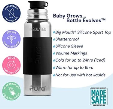 Pura Sport vacuum-insulated 650 ml stainless steel water bottle with silicone sport flip-top closure and sleeve, black (plastic-free, non-toxic certified, BPA-free)