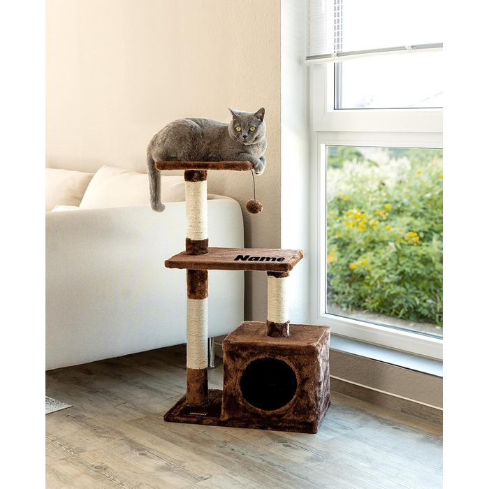 Lionto Scratching Post for Cats with Cave and Plush Ball incl. Bell, Height 85 cm, Cat Tree with Sisal & Plush, Cozy Lying Areas & Cave, Suitable for Small & Large Cats, (Brown (with nameplate))