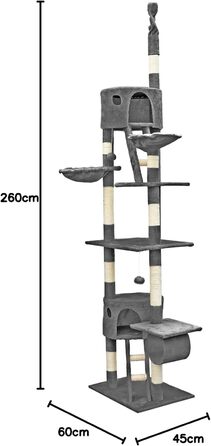 Декілька поверхів кігтеточка для котів Wiltec 240-260 см сіра з сизалю, з гамаком, для лазіння
