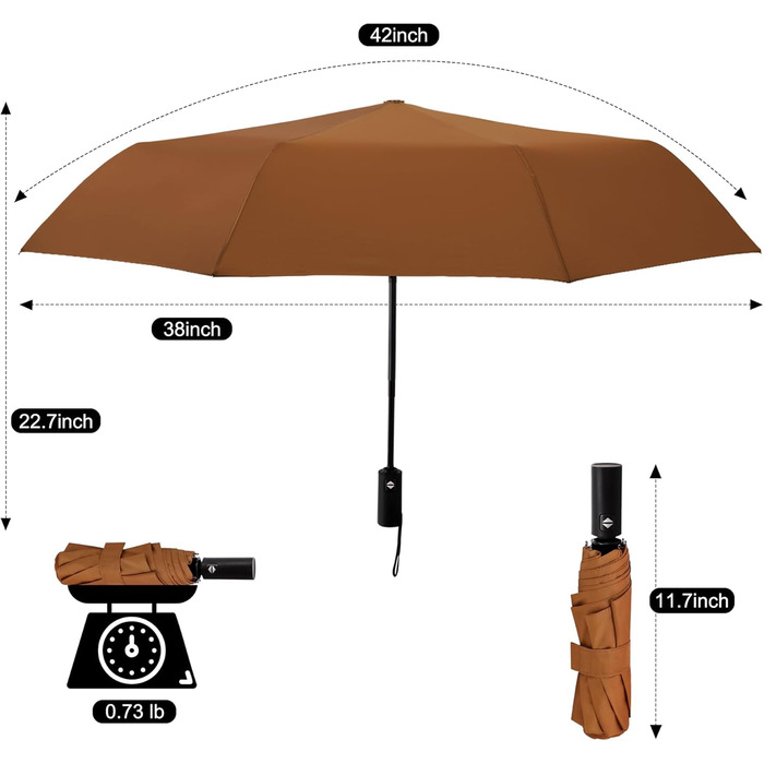 Дощовий парасолька SoulRain: вітростійкий, компактний, для автомобіля, гольф, у подорожі (коричневий)