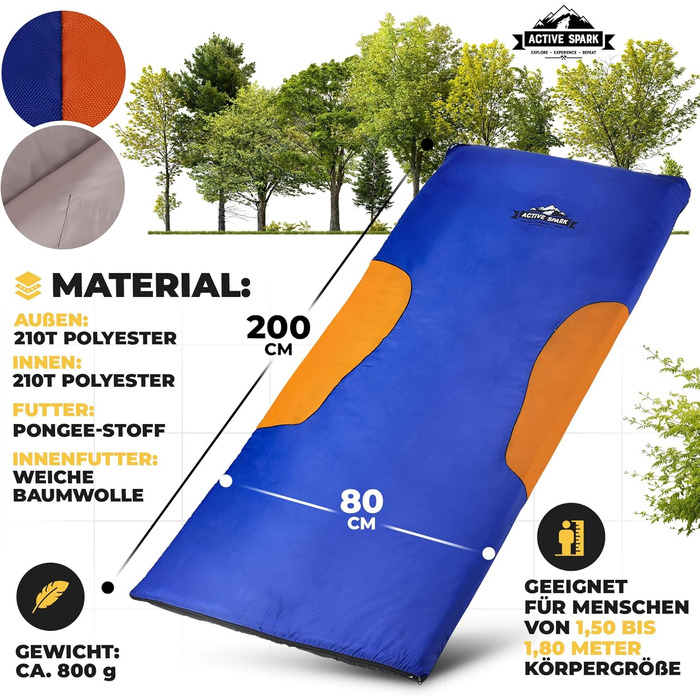 Сплячий мішок ACTIVE SPARK - зимовий, 3 сезони, літній, водовідштовхувальний, дихаючий, з кишенею для грілки, для кемпінгу, блакитний/помаранчевий