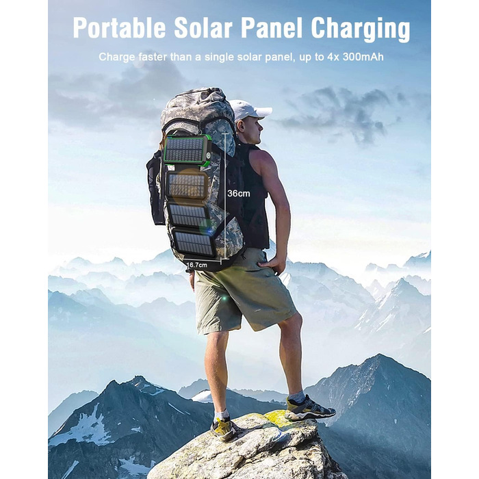 Сонячний павербанк WASTDE з сонячною панеллю, 26800mAh, водонепроникний, з ліхтариком (SOS), для зарядки телефонів та планшетів, USB-C, 18W, зелений