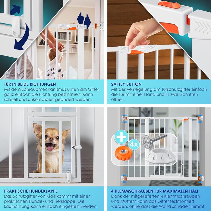 Захисне ворота KIDIZ для котів з люком, без свердління, для дітей, біле | 90° фіксація, поворотне, ширина: 88-101 см, помаранчевий