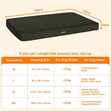 Ортопедичне ліжко для собак, 10 см товщина, для середніх та великих собак, знімний та пральний килимок, неслизьке дно, водонепроникне внутрішнє покриття, 112 см, оливковий колір