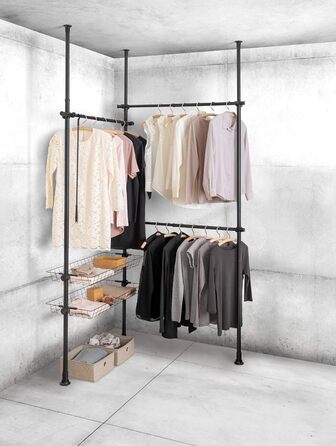 WENKO Telescopic System Hercules Duo, 3 Clothes Rails, 2 Storage Baskets, Extendable, Powder-Coated Metal, 164-215 x 165-300 x 38 cm, Matte Black