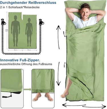 Спальний мішок для кемпінгу 2в1, мікрофібра, 220x95 см, зелений