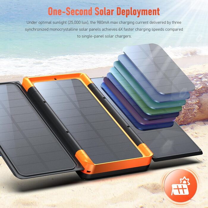 Портативний зарядний пристрій 63200mAh з сонячною панеллю: Power Bank з 3 сонячними панелями, 22.5W USB-C, швидка зарядка, SOS ліхтарик, цифровий дисплей, для кемпінгу, чорно-оранжевий