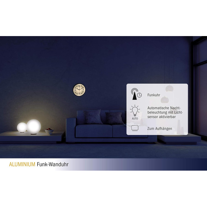 TFA Dostmann Analog Wall Clock, 60.3535, with Night Light, Quiet Movement with Second Hand, White/Silver, 60.3535.02, L 253 x W 253 x H 42 mm