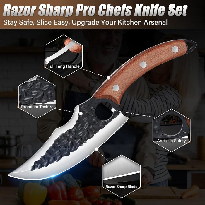 Набір кухонних ножів DRAGON RIOT 3 шт. – ручна ковка, сербський кухонний ніж, ніж для видобування Вікінга, ніж-сікач. Професійний набір для м'яса, BBQ. Подарунок для чоловіків, світло-коричневий.