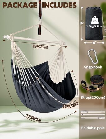 Підвісне крісло-гойдалка Chihee для саду, тераси, дому. Бавовняна гамака 130x100 см, темно-сіра. Комфорт та довговічність.