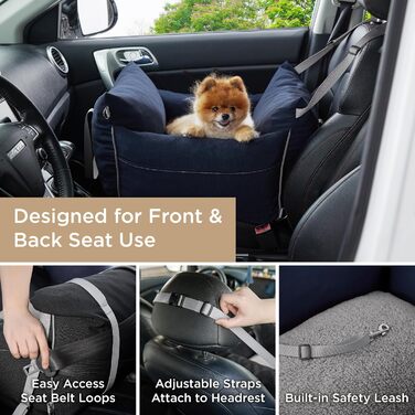 Pet Car Seat for Small Dogs - Waterproof and Washable Dog Car Seat with Storage Pockets, Detachable Safety Leash, and Thickened Memory Foam Filling, 58x56x33cm, (Navy Blue)