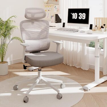 Ергономічне крісло для офісу та геймінгу з регульованою підголівником та 3D підлокітниками, підтримкою попереку, сіре