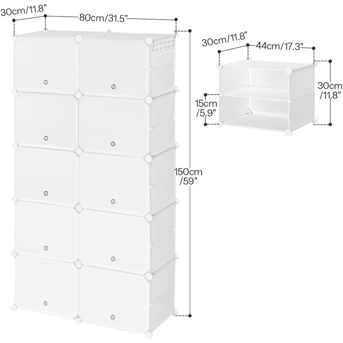 HOOBRO 8-Tier Shoe Rack, Shoe Cabinet, for 32 Pairs of Shoes, 40 x 30 x 30 cm per compartment, narrow, with doors, plastic, for living room, bedroom, hallway, entrance, White EWT28SC01G1 (10 Tiers, 80 x 30 x 150 cm), White)