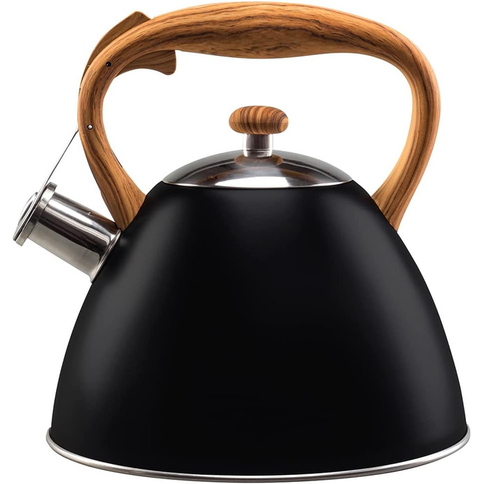 Чайник VILDE 3L з індукційною плитою, нержавіюча сталь, матовий чорний, з імітацією дерев'яної ручки. Підходить для сучасних та традиційних кухонь. Підходить для всіх типів плит, включаючи індукційні.
