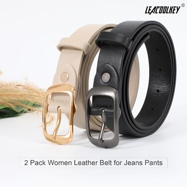 LEACOOLKEY: 2 жіночі шкіряні ремені з пряжкою Gold, для джинсів та штанів, чорний+бежевий, XXL, розмір 117-127 см