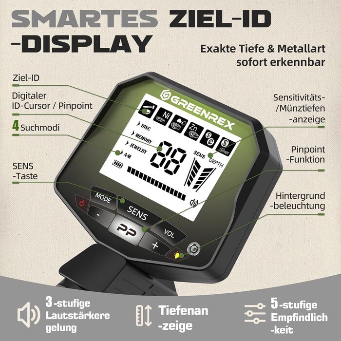Металодетектор GreenRex Profi: водонепроникна котушка 25.4см, LCD-дисплей, для дорослих та дітей, пошук золота, ідеально для пляжу, під водою та в саду