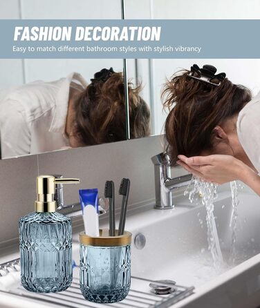 Набір аксесуарів для ванної кімнати Qivine 5 шт., блакитний: стакан для зубної пасти, дозатор мила, контейнер для ватних паличок. Сучасний набір скляних аксесуарів для ванної кімнати