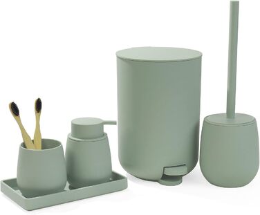 GAHEFY Badset Bathroom Accessories Set, Bathroom Supplies Sets Decor, 5-Piece Bathroom Set - Soap Dispenser, Toothbrush Holder, Vanity Tray, Toilet Brush and Waste Bin Set for Bathroom (Green)