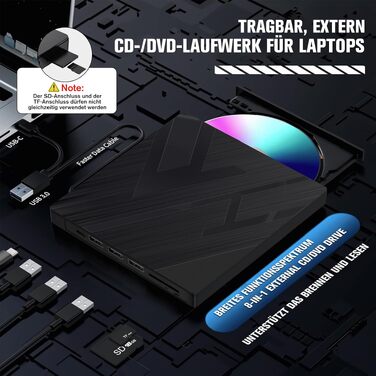 Зовнішній CD/DVD привід varkda USB 3.0 та USB-C, портативний оптичний накопичувач та записувач для ноутбука, ПК, Mac, Windows, Linux (8 в 1, чорний)