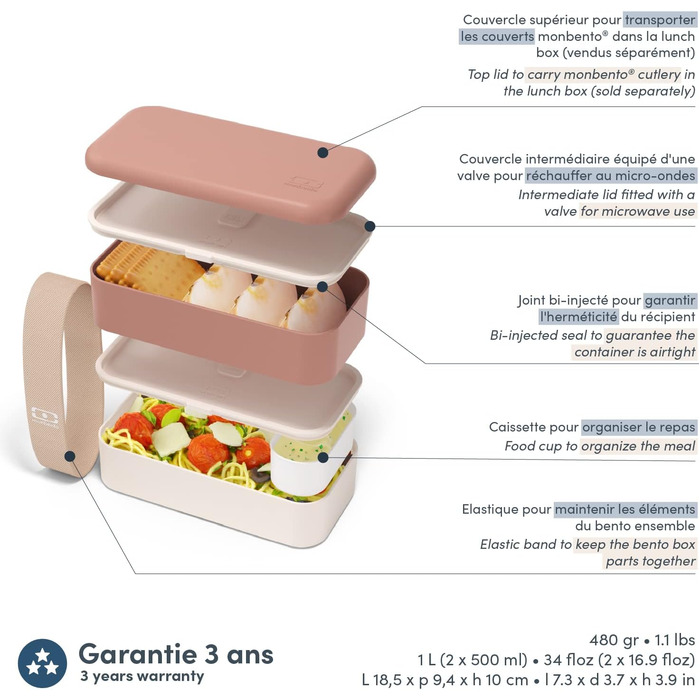 Бенто-бокс Monbento Moka Rose – 2-рівневий ланчбокс для дорослих, BPA-free, для мікрохвильової печі, миється в посудомийній машині