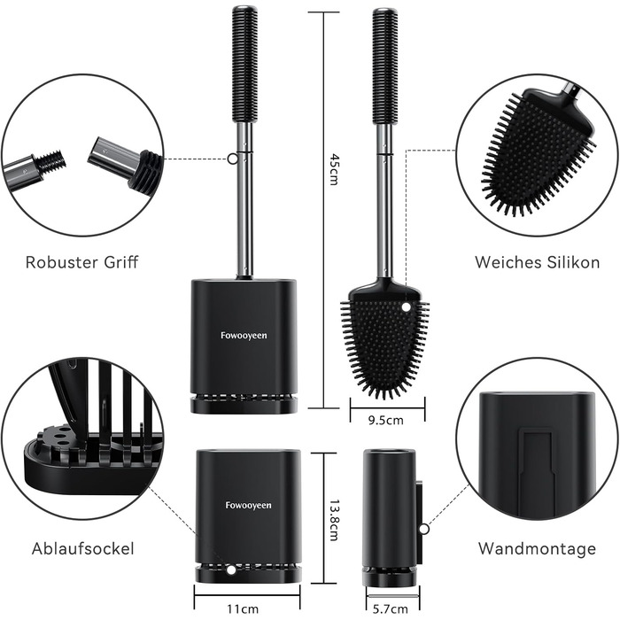 Набір щіток для унітазу Fowooyeen: 2 шт., чорний, без свердління, з тримачем, силікон, плоска головка у формі серця