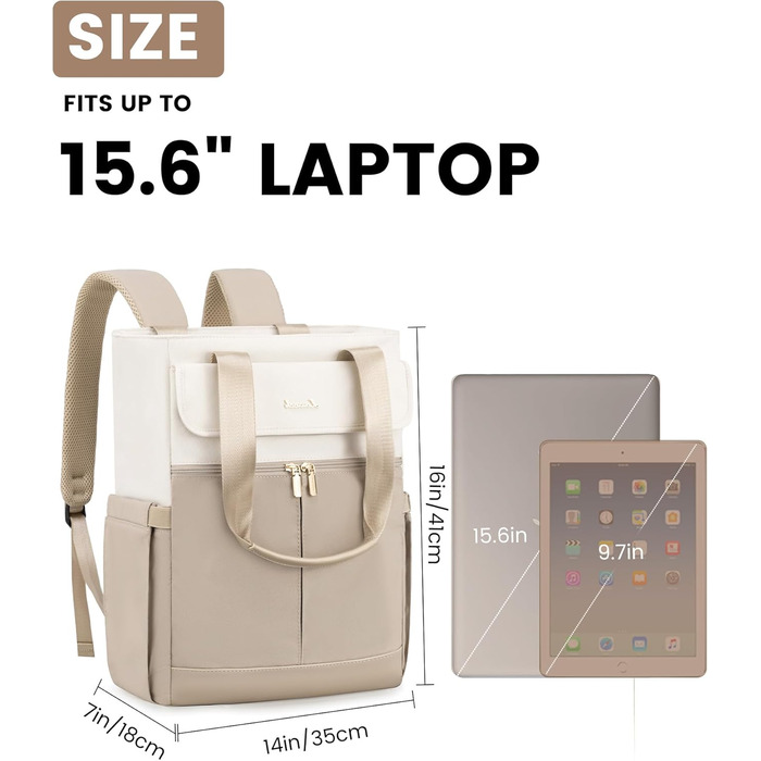 LOVEVOOK Рюкзак для жінок, великий, 15.6 дюймів, рюкзак для ноутбука, шкільний рюкзак для підлітків, водонепроникний, сумка для роботи, сумка-тоут 2 в 1, сумка для вчителя, рюкзак для подорожей, університету, бізнесу, бежевий хакі