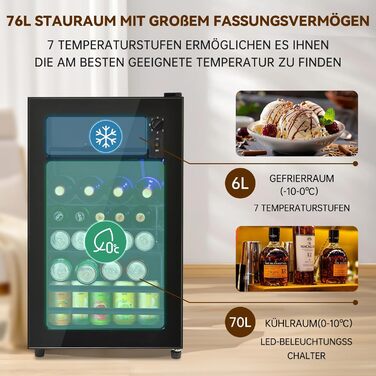 Холодильник для напоїв DRIXNO 76L з морозильною камерою, для льоду, вміщує 51 банку лімонаду, води, пива або вина. Компактний холодильник з скляними дверцятами, тиха робота, енергоефективний, чорний