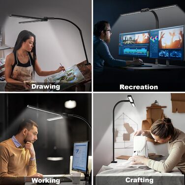 Лампа для столу Hapfish LED з кріпленням, 24W, подвійний настільний світильник, широке та яскраве освітлення, 5 режимів кольору та 5 рівнів регулювання яскравості, лампа денного світла для офісу, дому, дітей, з шийкою-лебедем