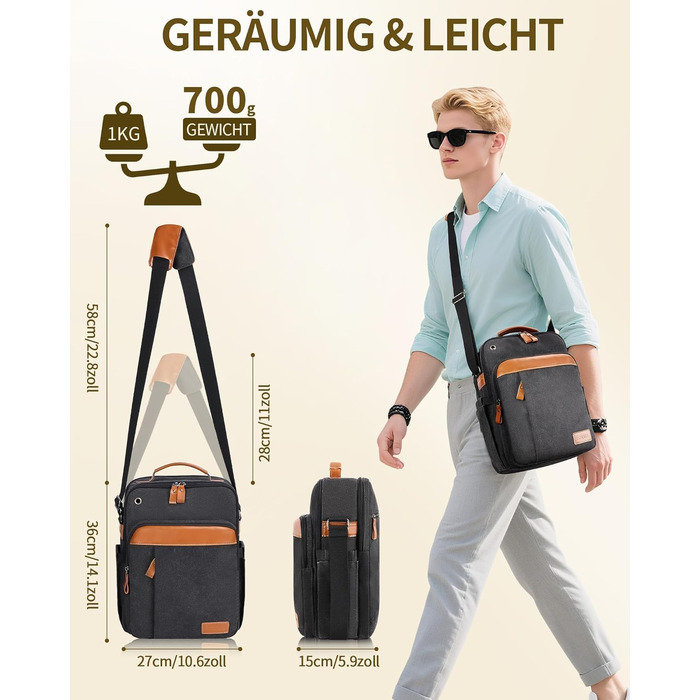 Чоловіча сумка-месенджер ESTARER з канвасу, сумка через плече для ноутбука 13 дюймів, міська сумка для роботи, навчання та подорожей, темно-сіра