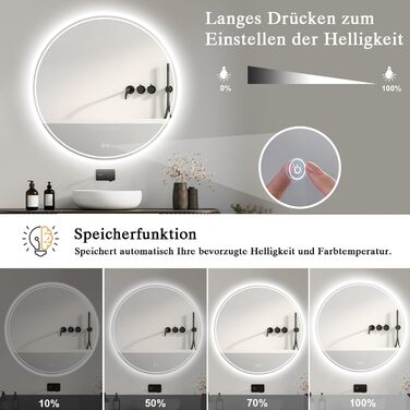 Дзеркало для ванної кімнати з підсвічуванням LED, антизапар, сенсорне управління, регулювання яскравості, 3 кольори світла, функція пам'яті, захист від вибуху, кругле дзеркало 50 см