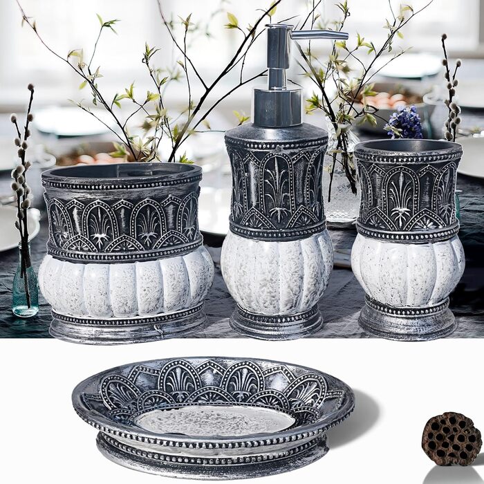 Набір аксесуарів для ванної кімнати Pumkins, ретро-стиль (сірий), 4 шт. (1 чашка, 1 тримач для зубних щіток, 1 мильниця, 1 дозатор мила)