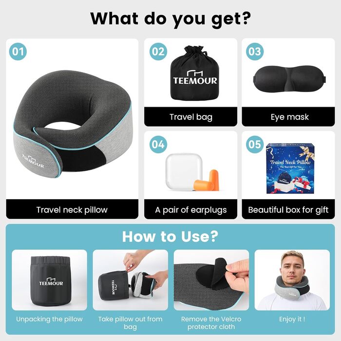Подушка для шиї Teemour для подорожей літаком – 360° підтримка, з memory foam, маска для очей та навушники, зручна сумка | Аксесуари для подорожей