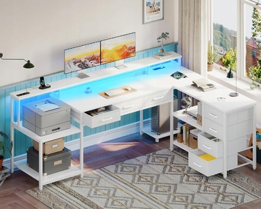 Кутовий ігровий стіл L-подібний, білий, з 7 шухлядами та LED-підсвіткою