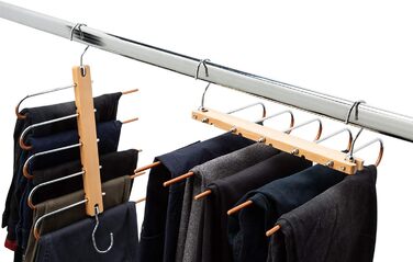 2 Pack Space-Saving Multi-Tiered Hanger - 5 in 1 Pants & Clothes Hanger Made of Wood and Stainless Steel Extendable - Foldable Multi-Hanger - Clothes Hanger Holder - Magic Pant Hangers