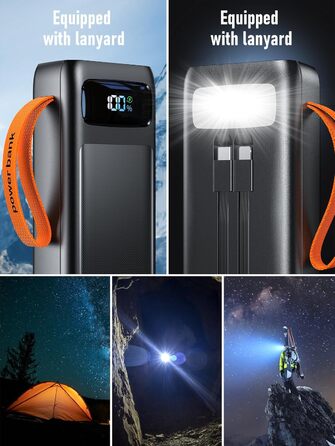 Портативний зарядний пристрій Power Bank 50000mAh з PD 30W, LED-дисплеєм, 7 виходами, ліхтариком та USB-C кабелем. Чорний.