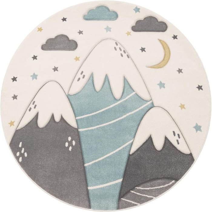 Дитячий килим Paco Home для хлопчиків та дівчаток 160x230 см, 3D ефект, пастельні кольори (гори, хмари, зірки), кремовий