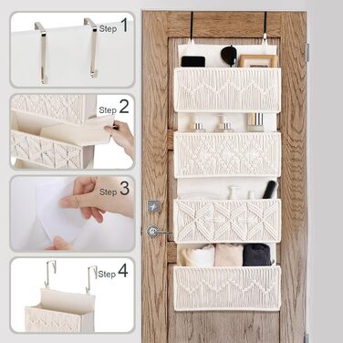 Органайзер для дверей з 4 кишенями, Бохо декор, настінне кріплення, для спальні, дитячої кімнати, ванної кімнати, слонова кістка