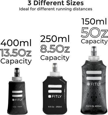 FLASKS Combo – 3 soft drinking bottles for hydration while running, hiking, cycling, climbing – Foldable water bottles (150–250 – 400 ml) – Black