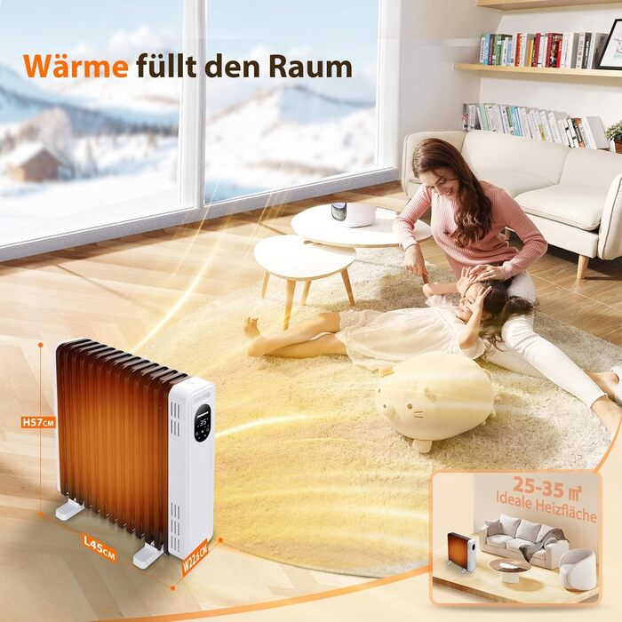 Електричний масляний радіатор Aigostar Snug 2500W з пультом керування, 13 ребер, термостат, 3 режими, ECO, таймер 24г, LED, захист від перекидання та перегріву