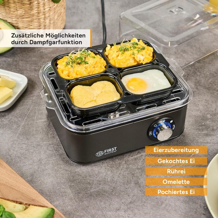 Яйцеварка First Austria TZS Grey - 8 яєць, 4 режими, функція приготування на пару, автовимкнення, захист від перегріву, мірна склянка та формочки для яєць