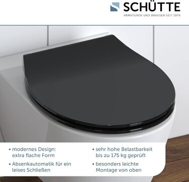 Слімова сидіння для унітаза SCHÜTTE SLIM з мікроліфтом (м'яке закриття), Duroplast, чорний колір, витримує до 175 кг