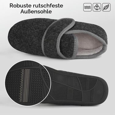 Чоловічі теплі домашні капці TIESTRA з ефектом пам'яті Memory Foam, флісові тапочки для літніх людей з широкою колодкою та застібкою-липучкою, чорні (42 EU)