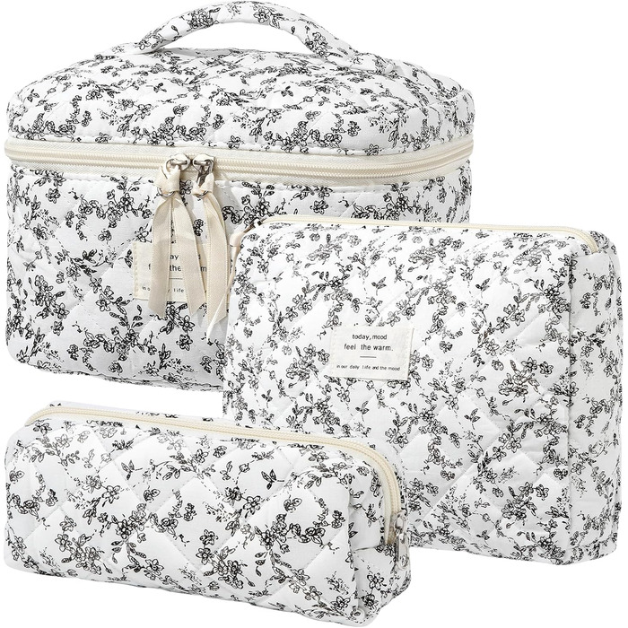 Набір косметичок 3 шт. з квітковим принтом, для жінок та дівчат | Косметичка для подорожей та повсякденного використання | Білий, чорний, квіти