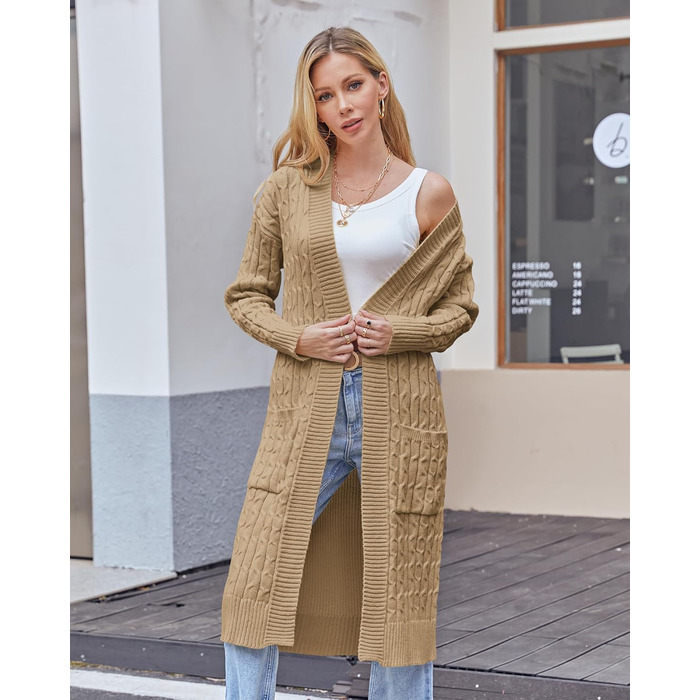 Жіночий в'язаний кардиган Saodimallsu великої в'язки, оверсайз, відкритий спереду, з кишенями, хакі, XL