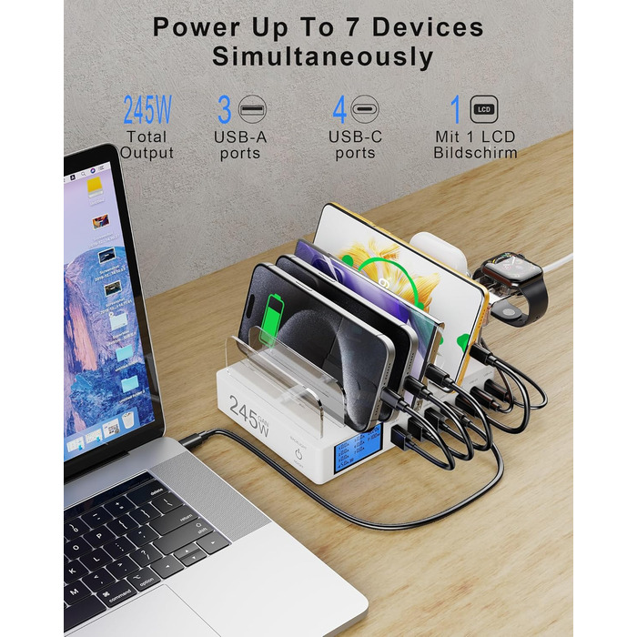 Зарядна станція 245W USB для 7 пристроїв з LCD-дисплеєм, кабелями та тримачем для iWatch, чорна - для iPhone, планшетів та іншої електроніки