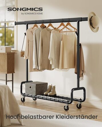 SONGMICS Стійка для одягу на коліщатках, важка, з висувними штангами, регульована висота, з полицею та гачками (HSR015B01, Чорний)